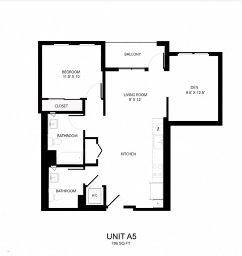 Floor plan for 1 bed, 2 baths, 786 sqft